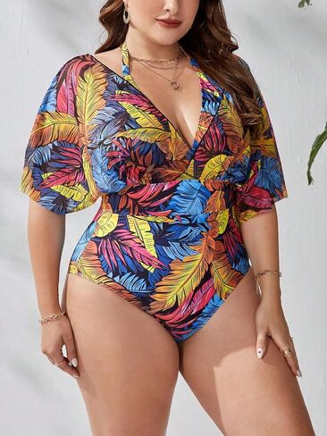 OYOANGLE Women's Plus Size Boho One Piece Swimsuits Tropical Print V Neck Halter Bathing Suits Swimwear in Saudi Arabia