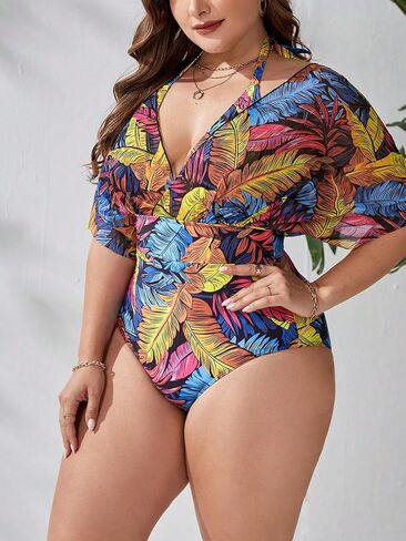 OYOANGLE Women's Plus Size Boho One Piece Swimsuits Tropical Print V Neck Halter Bathing Suits Swimwear in Saudi Arabia