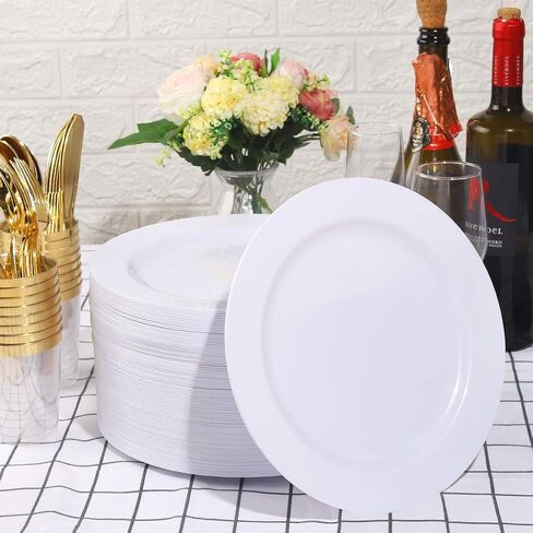 bUCLA 100PCS White Plastic Plates-10.25inch Disposable Dinner Plates-Premium Party&Wedding Plates in Saudi Arabia