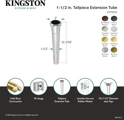 Kingston Brass EVP3002 Century 1-1/2" x 12" Slip Joint Tailpiece Extension Tube, Polished Brass in Saudi Arabia