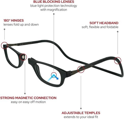 نظارات القراءة المغناطيسية Clic Blue Light Blocking من Slastik، شريط ناعم، قارئات كمبيوتر قابلة للتعديل، Windu (M-XL) in Kuwait