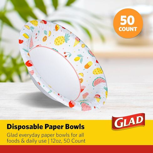 Glad Everyday Disposable Paper Bowls with Picnic Design| Cut-Resistant, Microwavable Paper Bowls for All Foods & Daily Use | 12 oz, 50 Count in Saudi Arabia