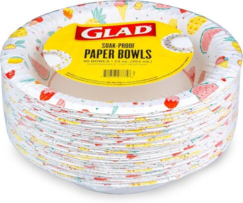 Glad Everyday Disposable Paper Bowls with Picnic Design| Cut-Resistant, Microwavable Paper Bowls for All Foods & Daily Use | 12 oz, 50 Count in Saudi Arabia