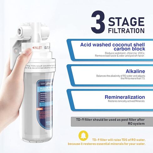 فلتر المياه القلوي Frizzlife TD-9 لإعادة التمعدن تحت الحوض - فلتر سريع اللف لنظام التناضح العكسي RO، يقلل الكلور، ويضبط الطعم والأس الهيدروجيني، ويستعيد المعادن الأساسية in Kuwait