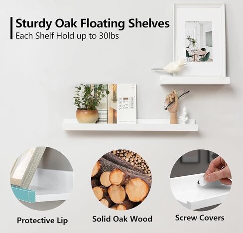 Floating Shelf for Wall, White Solid Oak Wood Picture Ledge Shelf 16inch Wall Shelf with Lip Display Shelf for Wall Decor Living Room Bedroom Kitchen in Saudi Arabia