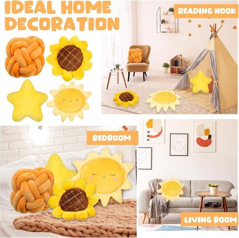 Set of 4 Decorative Throw Pillow for Girl Star Sun Sunflower Knot Pillow Fluffy Plush Soft Stuffed Pillows for Living Room Bedroom Playroom Bed Sofa Chair Floor Decors in Saudi Arabia