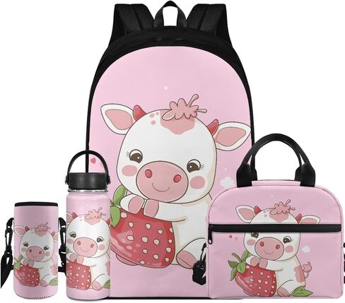 Cute Cow Kids Backpack Set 4Pcs with Lunch Box Insulated Water Bottle and Water Bottle Case Cover with Padded Strap 18oz Water Bottle Elementary Middle School Kids Backpack in Saudi Arabia