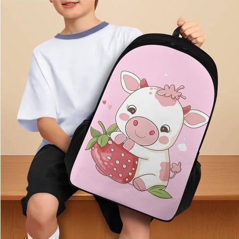 Cute Cow Kids Backpack Set 4Pcs with Lunch Box Insulated Water Bottle and Water Bottle Case Cover with Padded Strap 18oz Water Bottle Elementary Middle School Kids Backpack in Saudi Arabia