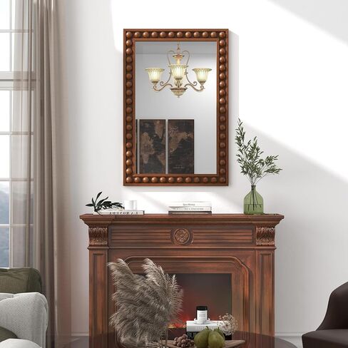 Tangkula Vintage Wood Mirror, 24" x 36" Rustic Wall Mounted Mirror w/Solid Wood Frame, Decorative Farmhouse Wall Mirror w/Beads for Living Room, Bedroom, Entryway (Brown) in Saudi Arabia