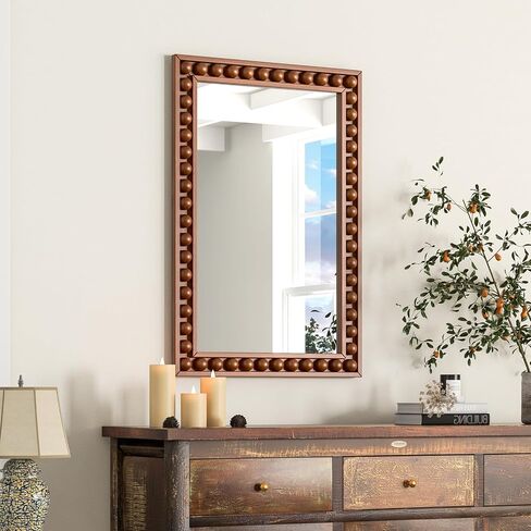 Tangkula Vintage Wood Mirror, 24" x 36" Rustic Wall Mounted Mirror w/Solid Wood Frame, Decorative Farmhouse Wall Mirror w/Beads for Living Room, Bedroom, Entryway (Brown) in Saudi Arabia