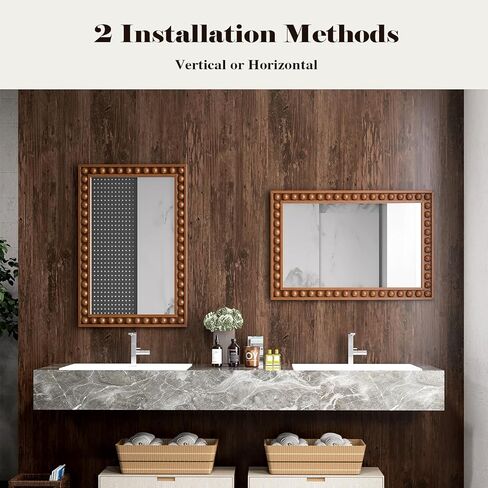 Tangkula Vintage Wood Mirror, 24" x 36" Rustic Wall Mounted Mirror w/Solid Wood Frame, Decorative Farmhouse Wall Mirror w/Beads for Living Room, Bedroom, Entryway (Brown) in Saudi Arabia