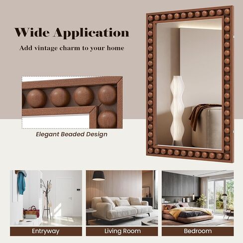 Tangkula Vintage Wood Mirror, 24" x 36" Rustic Wall Mounted Mirror w/Solid Wood Frame, Decorative Farmhouse Wall Mirror w/Beads for Living Room, Bedroom, Entryway (Brown) in Saudi Arabia