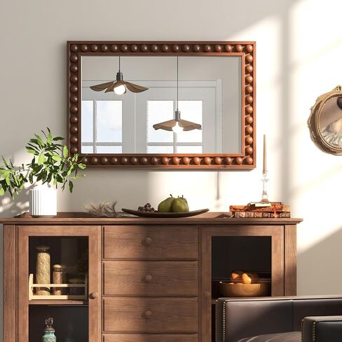 Tangkula Vintage Wood Mirror, 24" x 36" Rustic Wall Mounted Mirror w/Solid Wood Frame, Decorative Farmhouse Wall Mirror w/Beads for Living Room, Bedroom, Entryway (Brown) in Saudi Arabia