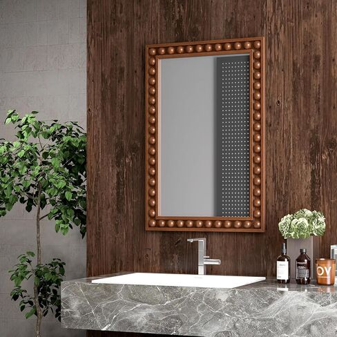 Tangkula Vintage Wood Mirror, 24" x 36" Rustic Wall Mounted Mirror w/Solid Wood Frame, Decorative Farmhouse Wall Mirror w/Beads for Living Room, Bedroom, Entryway (Brown) in Saudi Arabia