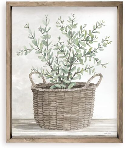Watercolor Painting Of Plant In Woven Basket Farmhouse Style Wood Wall Decor Sign With Frame 16x20 in Saudi Arabia