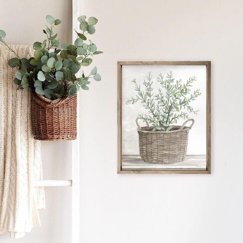 Watercolor Painting Of Plant In Woven Basket Farmhouse Style Wood Wall Decor Sign With Frame 16x20 in Saudi Arabia