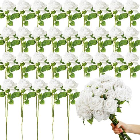 50 Pcs Fake Roses Bulk Velvet Silk Roses Flowers with Long Stem Real Looking Rose Bouquet DIY for Valentine's Day Arrangements Home Garden Wedding Party Decor (Red) in Saudi Arabia