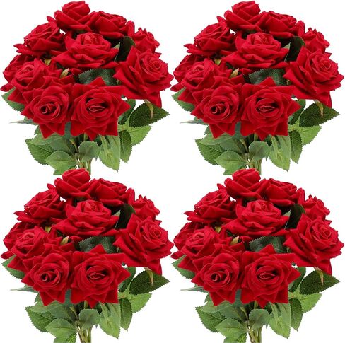 50 Pcs Fake Roses Bulk Velvet Silk Roses Flowers with Long Stem Real Looking Rose Bouquet DIY for Valentine's Day Arrangements Home Garden Wedding Party Decor (Red) in Saudi Arabia