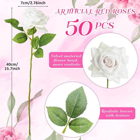 50 Pcs Fake Roses Bulk Velvet Silk Roses Flowers with Long Stem Real Looking Rose Bouquet DIY for Valentine's Day Arrangements Home Garden Wedding Party Decor (Red) in Saudi Arabia
