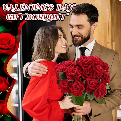 50 Pcs Fake Roses Bulk Velvet Silk Roses Flowers with Long Stem Real Looking Rose Bouquet DIY for Valentine's Day Arrangements Home Garden Wedding Party Decor (Red) in Saudi Arabia