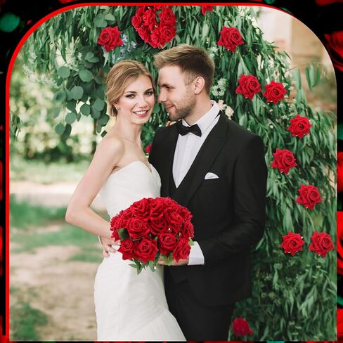 50 Pcs Fake Roses Bulk Velvet Silk Roses Flowers with Long Stem Real Looking Rose Bouquet DIY for Valentine's Day Arrangements Home Garden Wedding Party Decor (Red) in Saudi Arabia