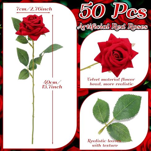 50 Pcs Fake Roses Bulk Velvet Silk Roses Flowers with Long Stem Real Looking Rose Bouquet DIY for Valentine's Day Arrangements Home Garden Wedding Party Decor (Red) in Saudi Arabia