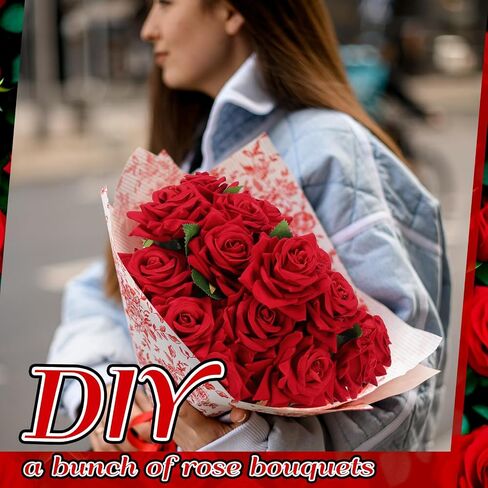 50 Pcs Fake Roses Bulk Velvet Silk Roses Flowers with Long Stem Real Looking Rose Bouquet DIY for Valentine's Day Arrangements Home Garden Wedding Party Decor (Red) in Saudi Arabia