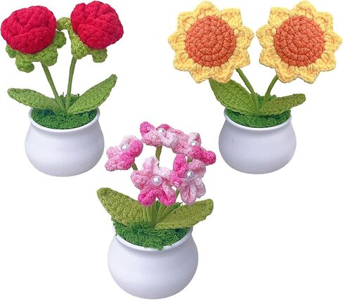 3pcs Crochet Flower Pot, Sunflower Red Rose Forget Me Not Small Potted Flowers, Mothers Day Valentines Gifts for Women Mom Wife in Saudi Arabia