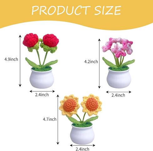 3pcs Crochet Flower Pot, Sunflower Red Rose Forget Me Not Small Potted Flowers, Mothers Day Valentines Gifts for Women Mom Wife in Saudi Arabia