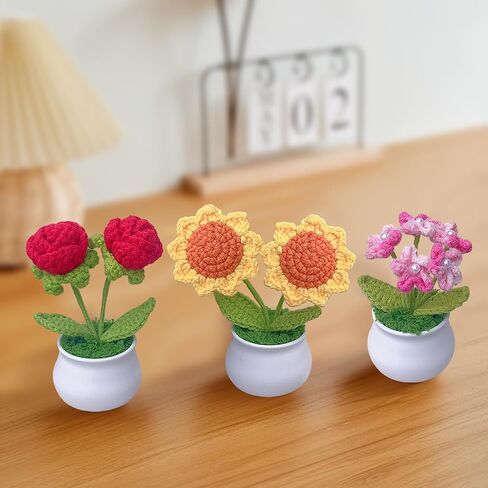 3pcs Crochet Flower Pot, Sunflower Red Rose Forget Me Not Small Potted Flowers, Mothers Day Valentines Gifts for Women Mom Wife in Saudi Arabia