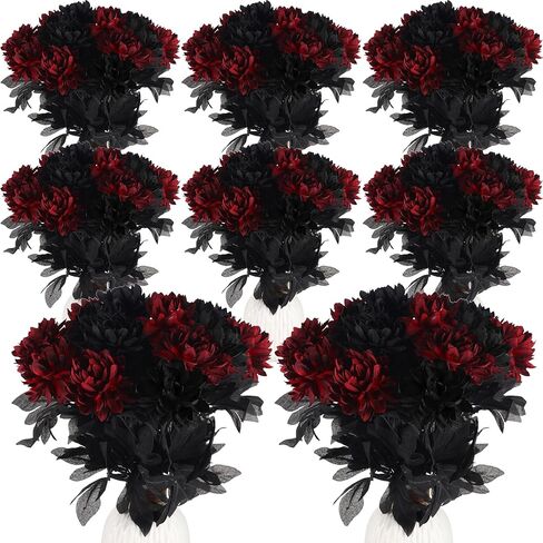 Halloween Burgundy Dahlia Artificial Flowers with Stems Faux Silk Dahlia Bouquet Fake Burgundy Flowers Artificial for Wedding Baby Shower Party Home DIY Craft Arrangement, Black, Red (60) in Saudi Arabia
