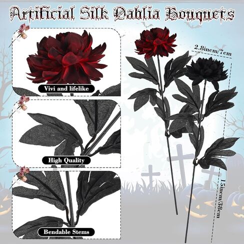 Halloween Burgundy Dahlia Artificial Flowers with Stems Faux Silk Dahlia Bouquet Fake Burgundy Flowers Artificial for Wedding Baby Shower Party Home DIY Craft Arrangement, Black, Red (60) in Saudi Arabia