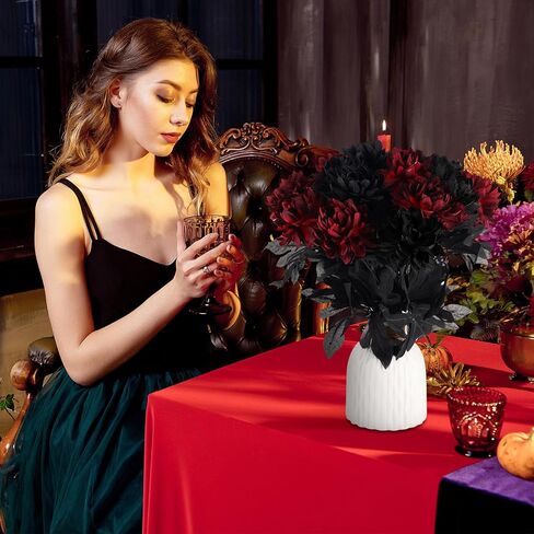 Halloween Burgundy Dahlia Artificial Flowers with Stems Faux Silk Dahlia Bouquet Fake Burgundy Flowers Artificial for Wedding Baby Shower Party Home DIY Craft Arrangement, Black, Red (60) in Saudi Arabia
