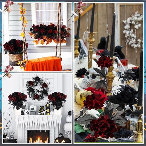 Halloween Burgundy Dahlia Artificial Flowers with Stems Faux Silk Dahlia Bouquet Fake Burgundy Flowers Artificial for Wedding Baby Shower Party Home DIY Craft Arrangement, Black, Red (60) in Saudi Arabia