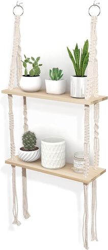 Macrame Hanging Shelves 2 Tier, Natural Wood Farmhouse Window Plant Shelves Boho Wall Shelf with Hooks & Hardwares for Bedroom Bathroom Kitchen Living Room in Saudi Arabia