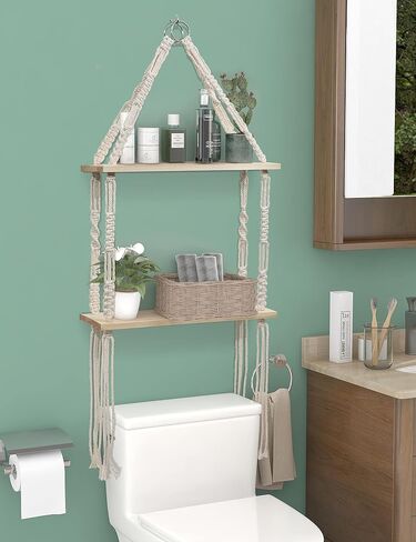 Macrame Hanging Shelves 2 Tier, Natural Wood Farmhouse Window Plant Shelves Boho Wall Shelf with Hooks & Hardwares for Bedroom Bathroom Kitchen Living Room in Saudi Arabia