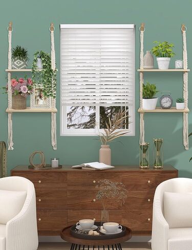 Macrame Hanging Shelves 2 Tier, Natural Wood Farmhouse Window Plant Shelves Boho Wall Shelf with Hooks & Hardwares for Bedroom Bathroom Kitchen Living Room in Saudi Arabia