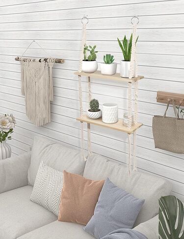 Macrame Hanging Shelves 2 Tier, Natural Wood Farmhouse Window Plant Shelves Boho Wall Shelf with Hooks & Hardwares for Bedroom Bathroom Kitchen Living Room in Saudi Arabia