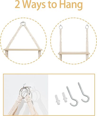 Macrame Hanging Shelves 2 Tier, Natural Wood Farmhouse Window Plant Shelves Boho Wall Shelf with Hooks & Hardwares for Bedroom Bathroom Kitchen Living Room in Saudi Arabia