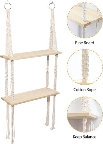 Macrame Hanging Shelves 2 Tier, Natural Wood Farmhouse Window Plant Shelves Boho Wall Shelf with Hooks & Hardwares for Bedroom Bathroom Kitchen Living Room in Saudi Arabia