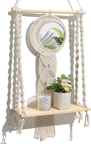Macrame Hanging Shelves 2 Tier, Natural Wood Farmhouse Window Plant Shelves Boho Wall Shelf with Hooks & Hardwares for Bedroom Bathroom Kitchen Living Room in Saudi Arabia