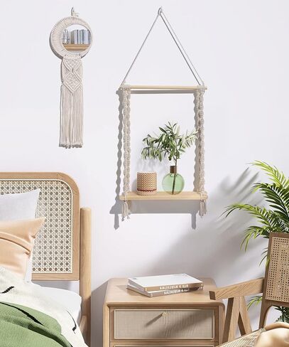 Macrame Hanging Shelves 2 Tier, Natural Wood Farmhouse Window Plant Shelves Boho Wall Shelf with Hooks & Hardwares for Bedroom Bathroom Kitchen Living Room in Saudi Arabia