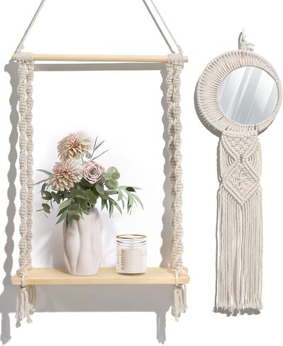 Macrame Hanging Shelves 2 Tier, Natural Wood Farmhouse Window Plant Shelves Boho Wall Shelf with Hooks & Hardwares for Bedroom Bathroom Kitchen Living Room in Saudi Arabia