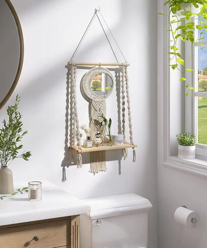 Macrame Hanging Shelves 2 Tier, Natural Wood Farmhouse Window Plant Shelves Boho Wall Shelf with Hooks & Hardwares for Bedroom Bathroom Kitchen Living Room in Saudi Arabia