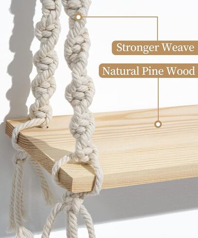 Macrame Hanging Shelves 2 Tier, Natural Wood Farmhouse Window Plant Shelves Boho Wall Shelf with Hooks & Hardwares for Bedroom Bathroom Kitchen Living Room in Saudi Arabia