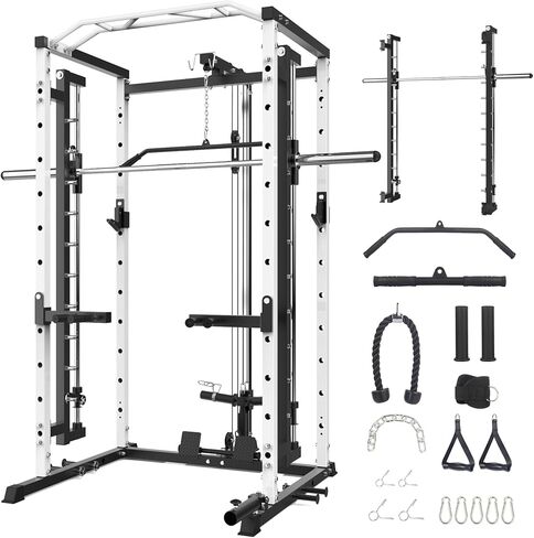 قفص طاقة مع سميث بار - حامل طاقة ممتاز بوزن 1600 رطل مع منسدلة للأسفل، ورف طاقة مع نظام بكرة الكابل، ومقابض غمس وخطافات على شكل حرف J، ومعدات رياضية منزلية للتدريبات المتنوعة in Kuwait