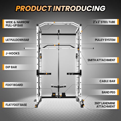 قفص طاقة مع سميث بار - حامل طاقة ممتاز بوزن 1600 رطل مع منسدلة للأسفل، ورف طاقة مع نظام بكرة الكابل، ومقابض غمس وخطافات على شكل حرف J، ومعدات رياضية منزلية للتدريبات المتنوعة in Kuwait