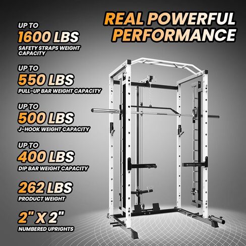 قفص طاقة مع سميث بار - حامل طاقة ممتاز بوزن 1600 رطل مع منسدلة للأسفل، ورف طاقة مع نظام بكرة الكابل، ومقابض غمس وخطافات على شكل حرف J، ومعدات رياضية منزلية للتدريبات المتنوعة in Kuwait