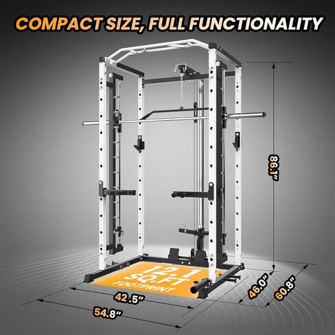 قفص طاقة مع سميث بار - حامل طاقة ممتاز بوزن 1600 رطل مع منسدلة للأسفل، ورف طاقة مع نظام بكرة الكابل، ومقابض غمس وخطافات على شكل حرف J، ومعدات رياضية منزلية للتدريبات المتنوعة in Kuwait