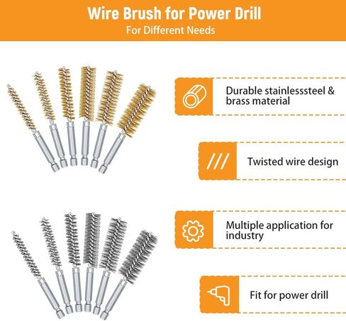 12 Pcs Bore Brush for Drill, Variety of Size Stainless Steel Cleaning Brush, Power Drill Impact Driver Pipe Hex Drill Shank Drill Wire Brush Set for Cleaning Rust, Tubes Holes in Saudi Arabia
